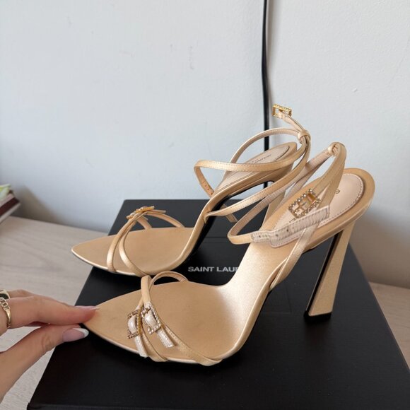 NWB Saint Laurent Lila Sandals Beige Satin Ankle Strap High Heels Sz 39 - Picture 11 of 15